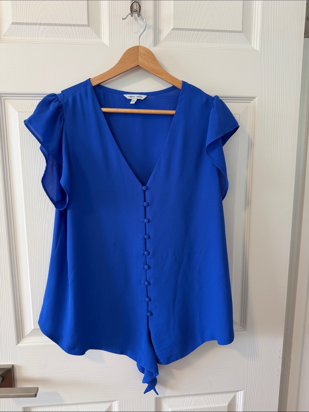 Vince Camuto Cobalt Blue V-Neck Flutter Sleeve Button Blouse
